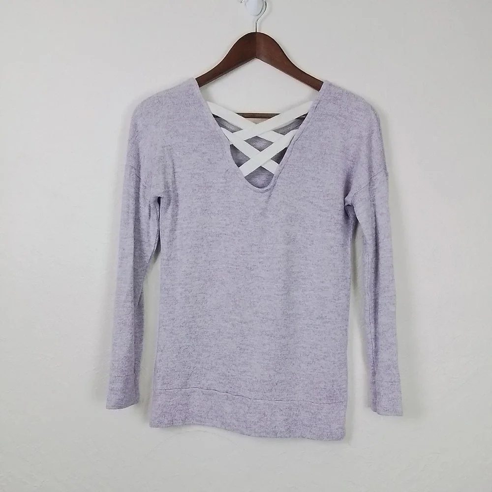 Poof Girl Large Lavender Purple Knit‎ Sweater V-Neck Crisscross Back Long Sleeve